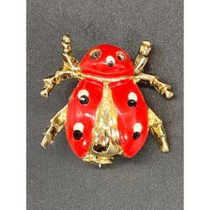 Cute Lady Bug Brooch Lapel Pin Red Black Gold Tone Size 1" x 7/8"